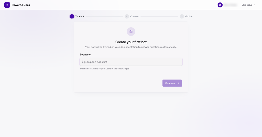 Powerful Docs onboarding wizard step 1 with input field to name the AI documentation chatbot