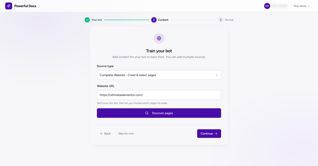 Source picker in the Powerful Docs onboarding wizard showing options like website, sitemap, PDF, and Q&A pairs to train the AI chatbot