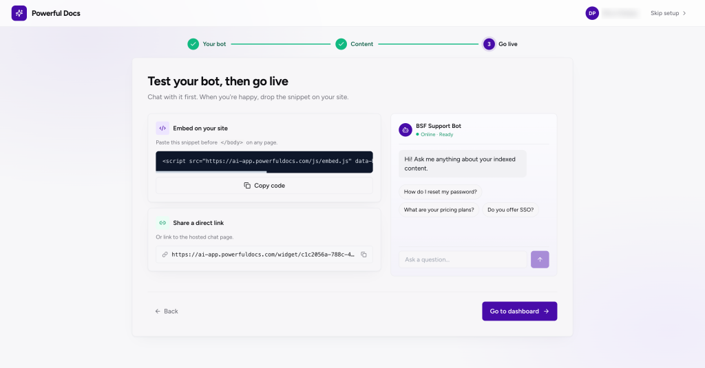 Go live option in the Powerful Docs onboarding Wizard