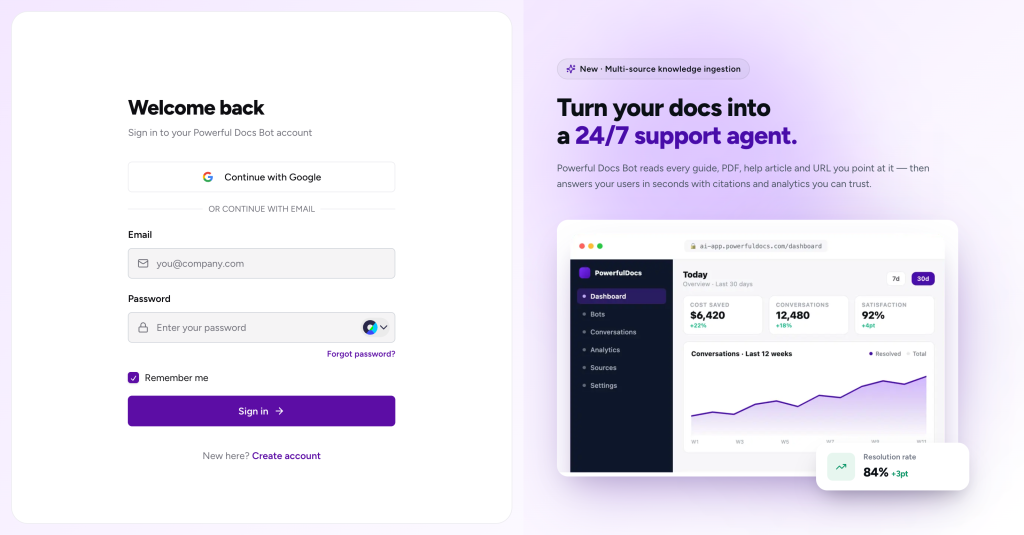 Login screen for the Powerful Docs AI chatbot dashboard with email and password fields and a forgot-password link