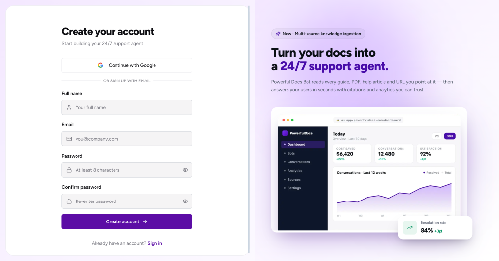 Powerful Docs sign-up page showing the AI chatbot account registration form with name, work email, and password fields