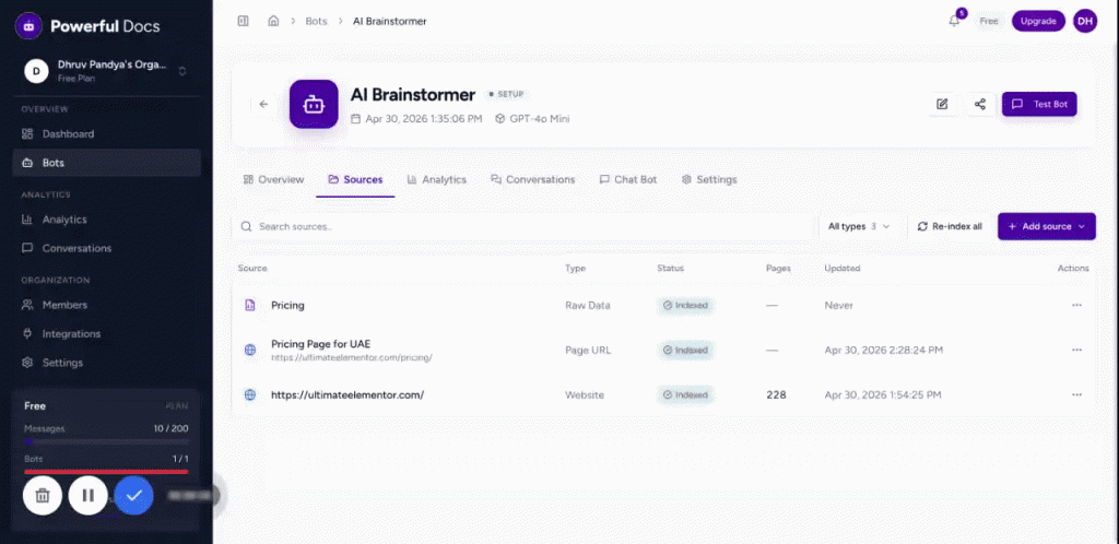 Powerful Docs test chat interface showing a sample AI customer support conversation with cited sources