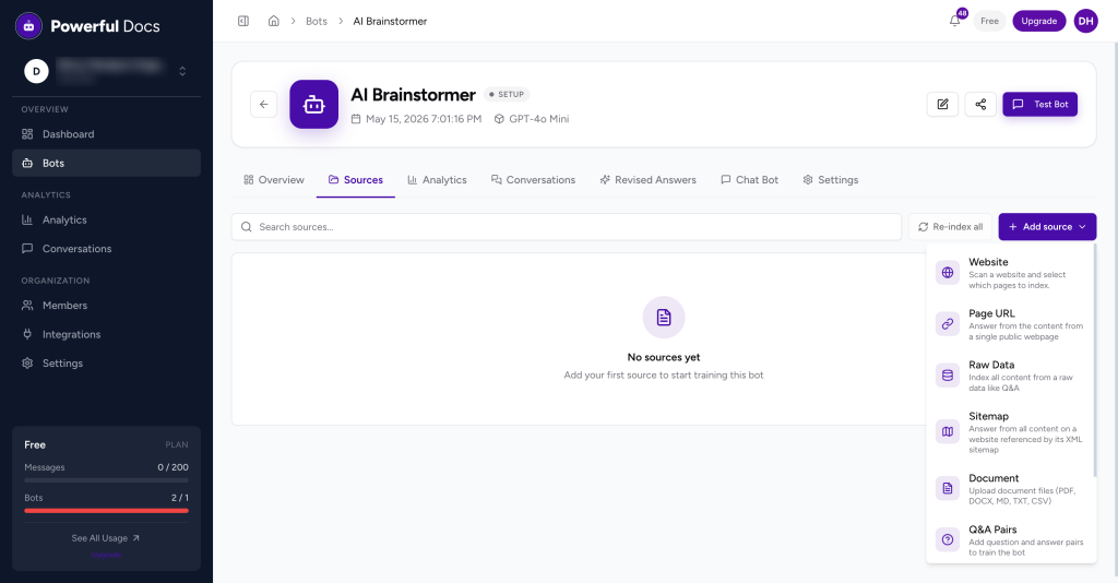 Creating Your First Bot add sources