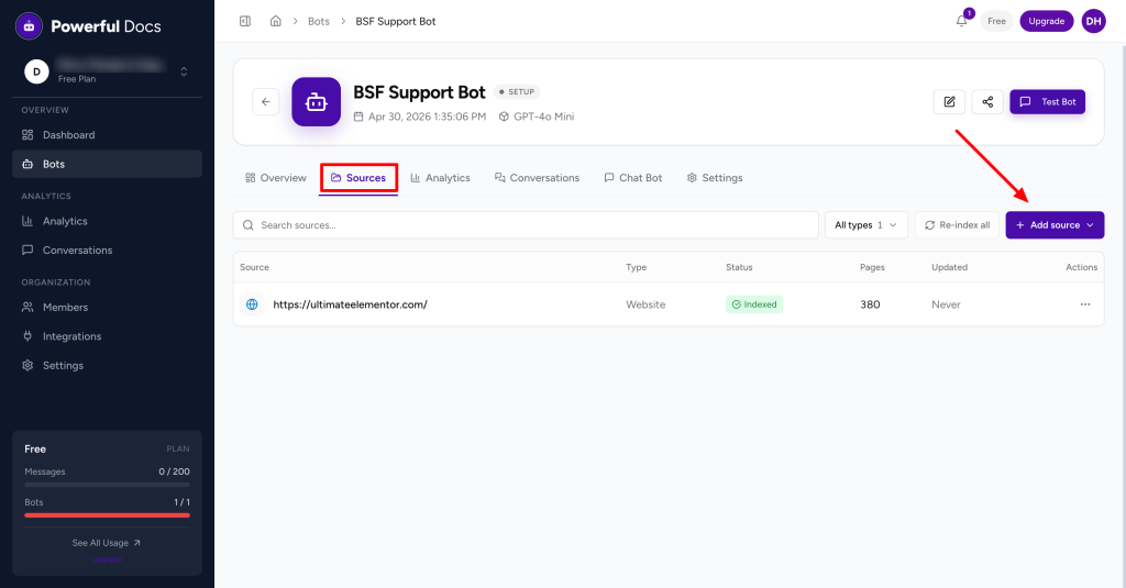 Powerful Docs sources tab interface for an AI chatbot with the Add Source button highlighted