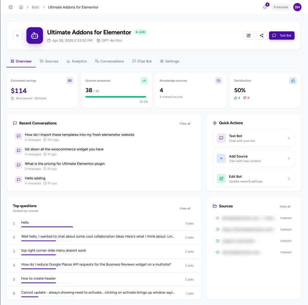 Powerful Docs bot detail page showing Sources, Conversations, Analytics, and Settings tabs for managing an AI customer support chatbot
