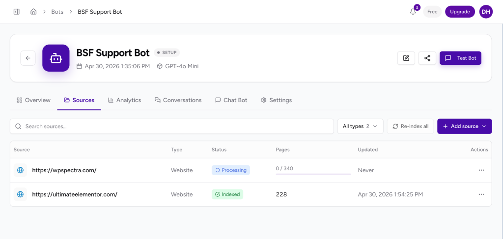 Powerful Docs sources list view showing Pending, Processing, Indexed, and Failed statuses for AI chatbot training data