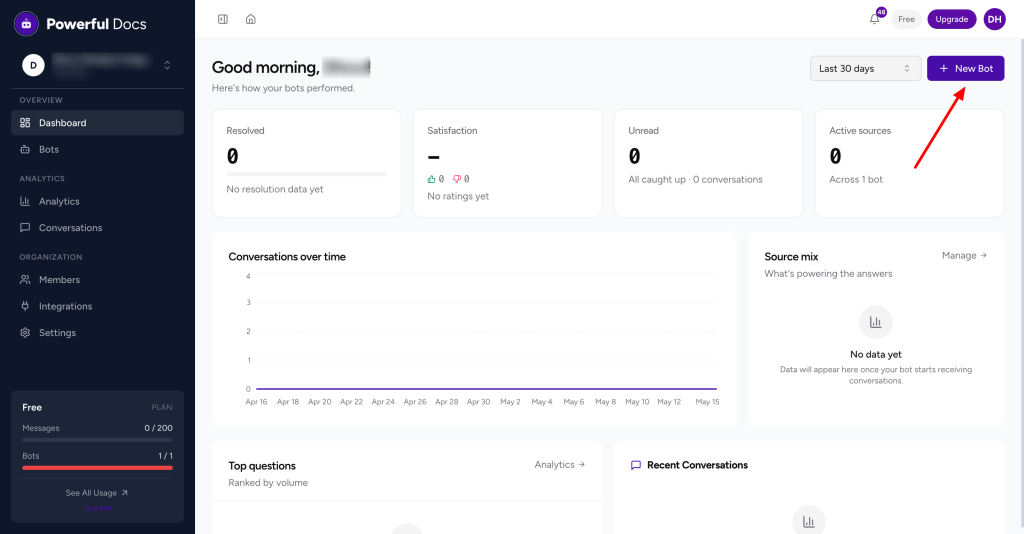Creating Your First Bot dashboard add bot