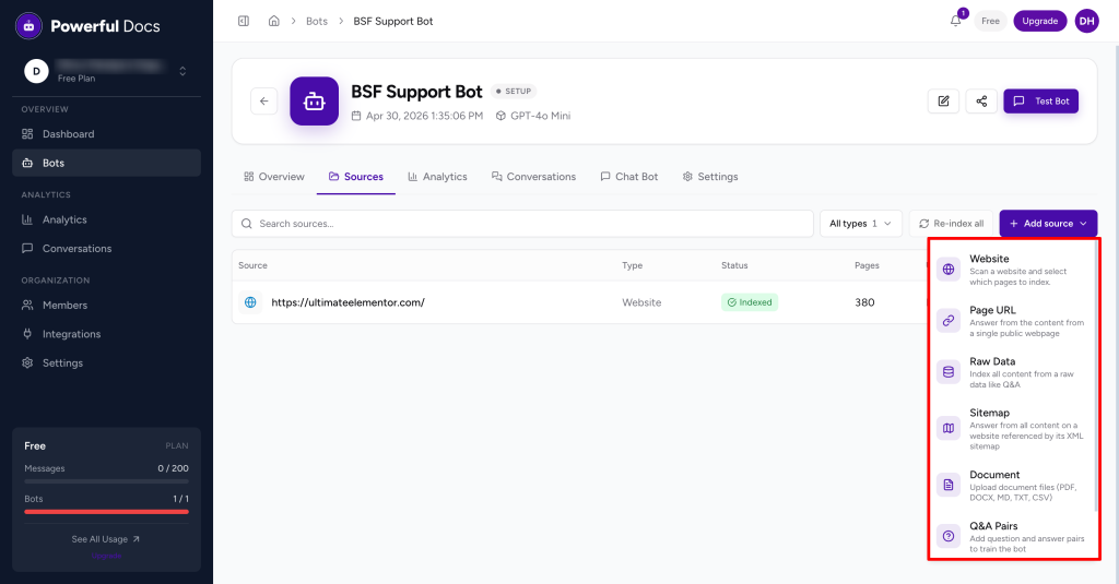Powerful Docs source type picker modal showing all nine knowledge source options for training an AI chatbot