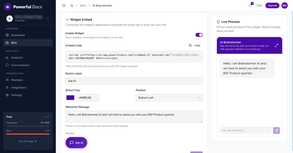 Powerful Docs Deploy tab showing the AI chatbot embed JavaScript snippet ready to paste into any website