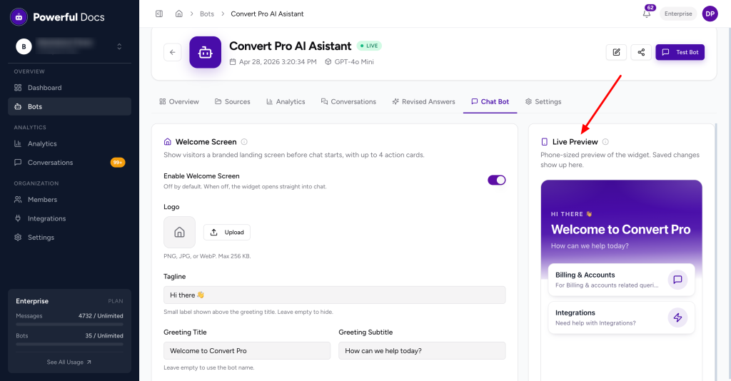 How to Set Up the Welcome Screen bot live view
